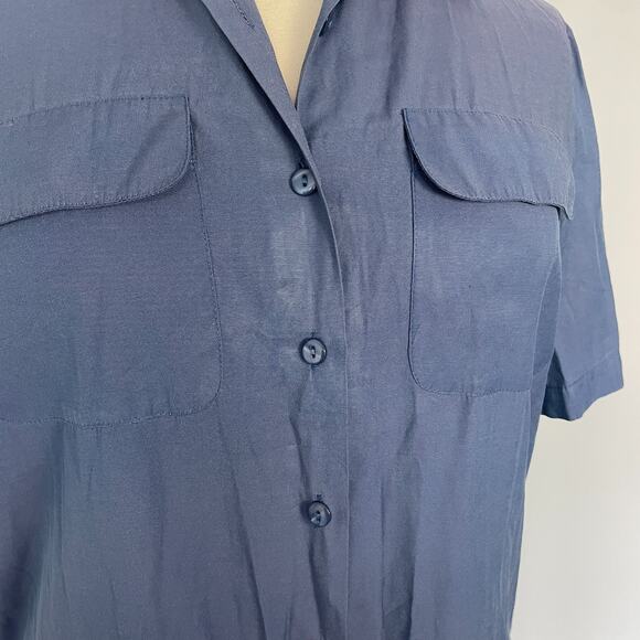 Vintage Casual Top Size XL Blue Solid Short Sleeve Button Pocket Minimal Relaxed - Picture 7 of 11